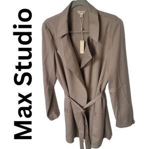 Max Studio Women's Jacket sz XL Tan Lapel Trench Coat W/ Belt & Pockets Overcoat